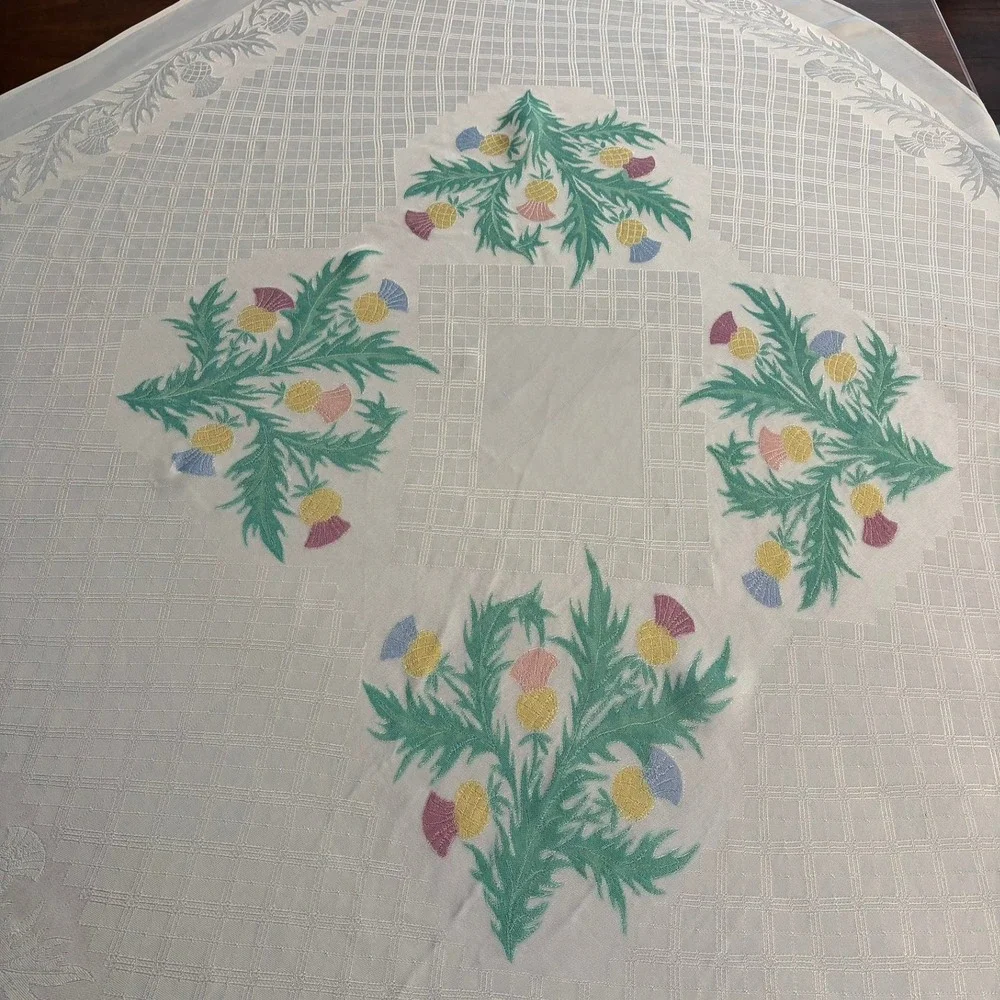Vintage Damask Tablecloth Scottish Thistle Embroidered 48